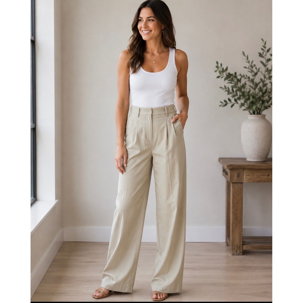 Princess Polly Beige Wide Leg Pleated Trousers High Waisted Tan Pants Size 0 US